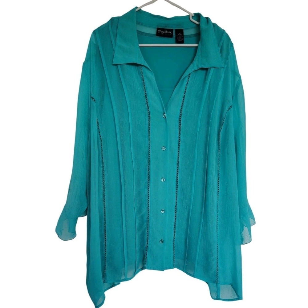 Maggie Barnes Womens 4X Turquoise Teal Crinkle Button Up Blouse Ladder Lace Trim